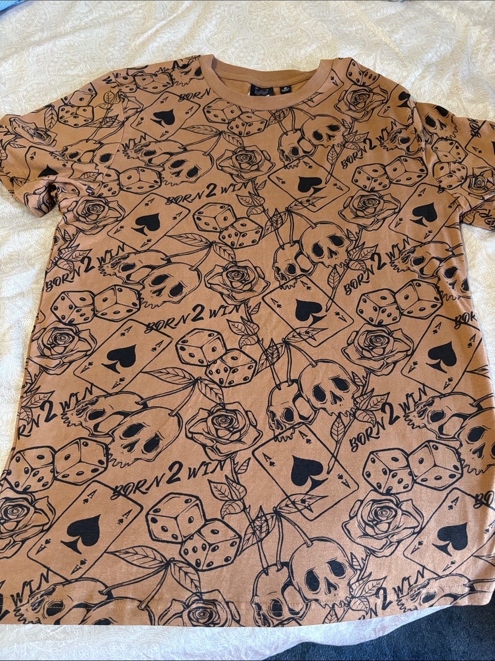 WXYZ Branded Crew Neck Tee in Tan and Black goth gambling skull